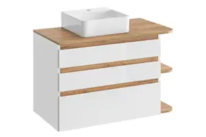 Bathroom Furniture Set with Countertop Vanity Sink Unit Wall Tallboy Mirror White Gloss Oak Finish Plat