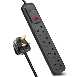 Extrastar 4 Gang Switched Surge-Protected Extension Lead 1M Black 13A