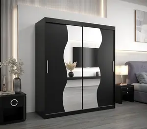 Madrid Contemporary 2 Mirrored Sliding Door Wardrobe 9 Shelves 2 Rails Black Matt (H)2000mm (W)1800mm (D)620mm