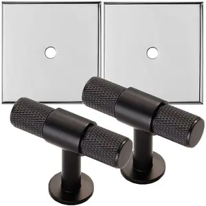 2 PACK - Cabinet Door Knob & Contrasting Backplate Set - Knurled T Bar Pull - Matt Black & Chrome