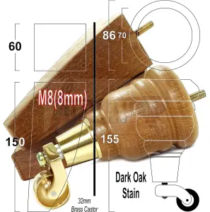 2x DARK OAK STAIN 155mm HIGH WOOD FURNITURE LEGS WITH BRASS CASTOR & 2 BACK FEET SETTEE CHAIRS, SOFAS M8 TSP2007