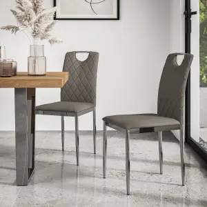 Aria Dining Table And Chairs -  Black Table Top w Chrome Legs + Monza Faux Leather Dining Chair w Chrome Legs Set Of 4 (Grey)