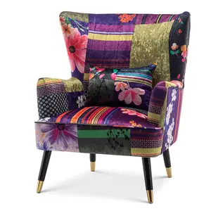 Fabric Patchwork Victoria Accent Wingback Chair with Footstool