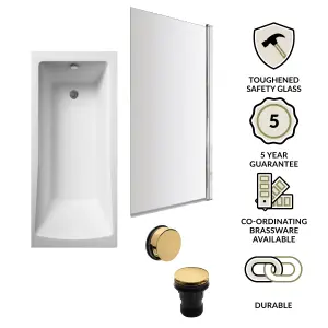 Square Single Ended Bath, Square Screen and Brushed Brass Waste - 1700 x 700mm