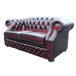 Chesterfield 2 Seater Antique Oxblood Red Leather Sofa Bespoke In Buckingham Style