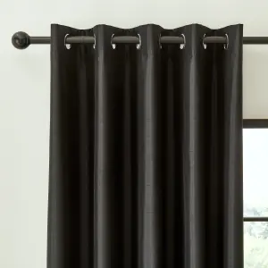 Catherine Lansfield Faux Silk 90x90 Inch Blackout Thermal Insulating Eyelet Curtains Two Panels Black