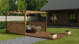 Rectangular pergola and decking kit with balustrade V.3, 2.4m x 3m, Rustic brown finish