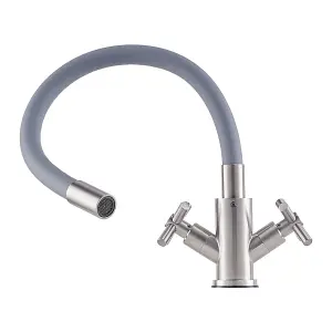 G1/2 Flexible Silicone Dual-Handle Kitchen Faucet Mixer Tap Pull-down Sprayer Grey Faucet