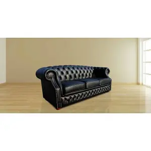 Chesterfield 3 Seater Shelly Black Leather Sofa Bespoke In Buckingham Style