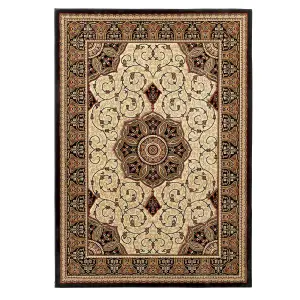 Cream Traditional Easy to Clean Bordered Floral Rug For Dining Room-150cm (Circle)