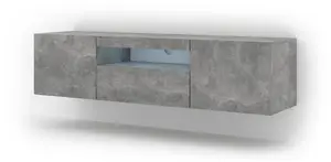 Aura Modern TV Cabinet 150cm in Concrete with Blue LED Lighting - W1500mm x H36-420mm x D370mm