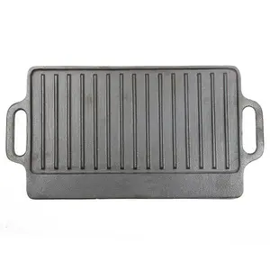 Homiu Cast Iron Griddle Plate, BBQ Induction Griddle Pan Non-Stick Double Sided Pre-Seasoned, Flat and Ridged Surfaces 50 x 23cm