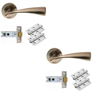 2 PACK - Door Handle & Latch Pack Set- Satin Nickel Curved Flaired Screwless Round Rose Kit