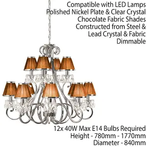 Esher Ceiling Pendant Chandelier Nickel Crystal & Brown Shades 12 Lamp Light