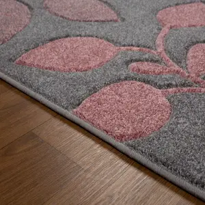 Modern Easy to Clean Floral Pink Rug for Dining Room-200cm X 285cm