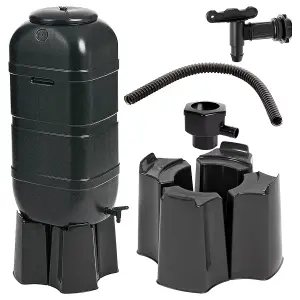 100L Black Slim Line Space Saving Water Butt Kit For Outdoor Gardens Complete With Stand, Lid & Diverter