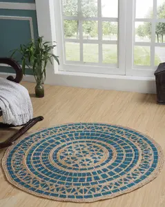 MANDALA Pattern Round Turquoise Rug Jute with Block Print / 150 cm Diameter