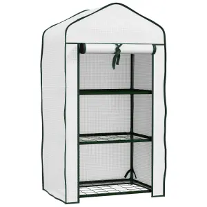 Outsunny Portable Mini Greenhouse with Roll-up Door and Wire Shelves, White