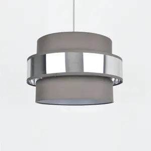 First Choice Lighting Easy Fit 2 Tier Grey Fabric & Brushed Silver Plated Banded Ceiling Shade