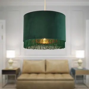 First Choice Lighting Set of 2 Spruce Green Velvet With Gold Inner Tassled Light Shades