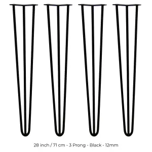 4 x Hairpin Leg - 28 - Black - 3 Prong - 12m