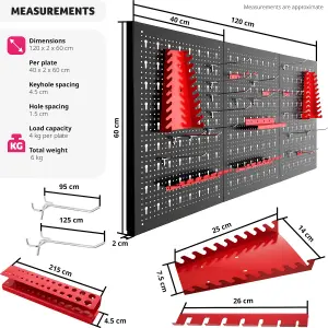 Pegboard - with 25 hooks and brackets, made of steel - black/red