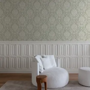 Grandeco Margritte Distressed Damask Textured Wallpaper, Green Cream