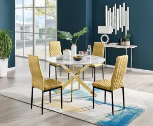 Furniturebox UK Novara White Marble Gold Leg 120cm Round Dining Table & 4 Mustard Velvet Milan Black Leg Chairs