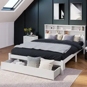 Solid Wood Double Bed with Shelves Headboard and Underbed Drawer 4FT6 White (135 x 190 cm)