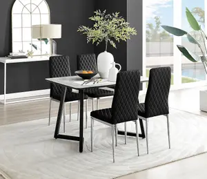 Furniturebox UK Carson White Marble Effect Dining Table & 4 Black Velvet Milan Chairs