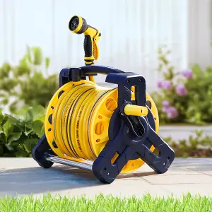 35m Portable Garden Watering Hose Reel Set with 10 Modes in Yellow and Black