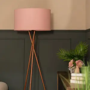 ValueLights Camden Modern Copper Metal Tripod Floor Lamp with Pink Cylinder Shade - Includes 6w LED Bulb 3000K Warm White