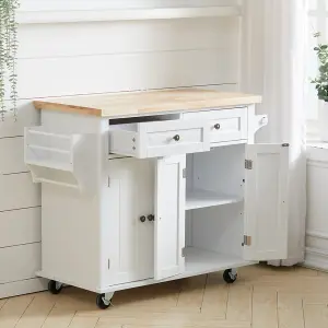 White Kitchen Island Cart Rolling Storage Trolley Cupboard with 2 Drawers 82cm (H)