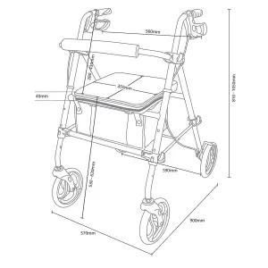 4 Wheeled Rollator - Foldable Height Adjustable Mobility Aid Walking Frame with Seat & Storage Bag - H81-105 x W57 x D90cm, Blue