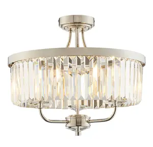 Luminosa Ascoli 3 Light Ceiling Semi Flush Bright Nickel Plate & Clear Cut Glass