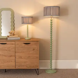 ValueLights Bobbins Sage Green Table Lamp with Ruched Pleated Blue Drum Lamp Shade and LED Bulb