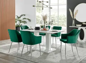 Imperia White High Gloss 6 Seater Dining Table with Structural 2 Plinth Column Legs 6 Green Velvet Silver Leg Calla Chairs