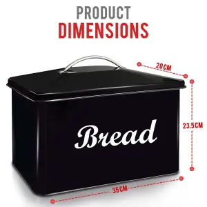 Vintage Style Bread Bin Large Stainless Steel Food Storage Retro Kitchen, Black