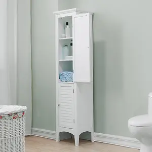 Teamson Home Bathroom Tall Column Cabinet, Wooden Cabinet with 2 Shutter Doors, Bathroom Storage, White