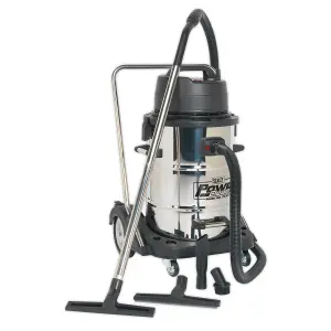 Sealey Vacuum Cleaner Industrial Wet & Dry 77L Stainless Steel Drum with Swivel Emptying 2400W PC477