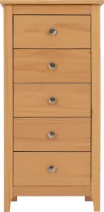 Oslo 5 Drawer Narrow Chest in Pine Finish with Metal Handles