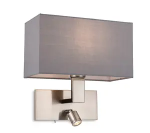 Luminosa Raffles Wall Lamp with Adjustable Switched Reading Light Brushed Steel with Grey Shade