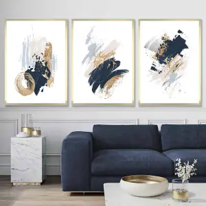 Set of 3 Wall Art Blue and Gold Prints of Abstract Oil Paintings / 42x59cm (A2) / White Frame