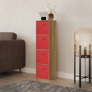 URBNLIVING 106cm Height Distressed Wood 4-Tier Cube Shelving Unit with Red Inserts