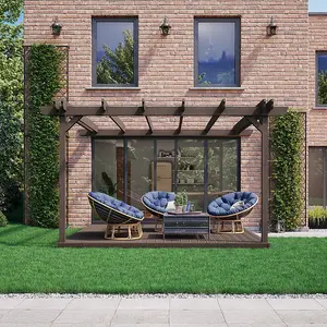 Wall Mounted Double Garden Pergola and Decking Kit - Wood - L480 x W480 cm - Rustic Brown