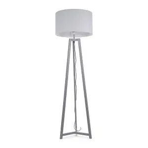 ValueLights Lottie Grey Wood Tripod Floor Lamp with Grey Drum Shade - LED Bulb Included