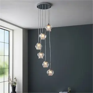 Hanging Ceiling Pendant Light - Chrome Plate Clear Glass With Clear Glass Beads - 6 X 3W LED G9