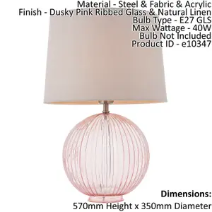 Table Lamp Dusky Pink Ribbed Glass & Natural Linen 40W E27 Bedside Light