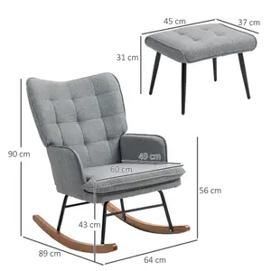 HOMCOM Rocking Chair with Footstool Fabric Wingback Chair for Bedroom Grey