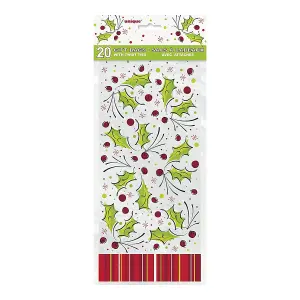 Unique Party Holly Cellophane Christmas Party Bags (Pack of 20) White/Green/Red (One Size)